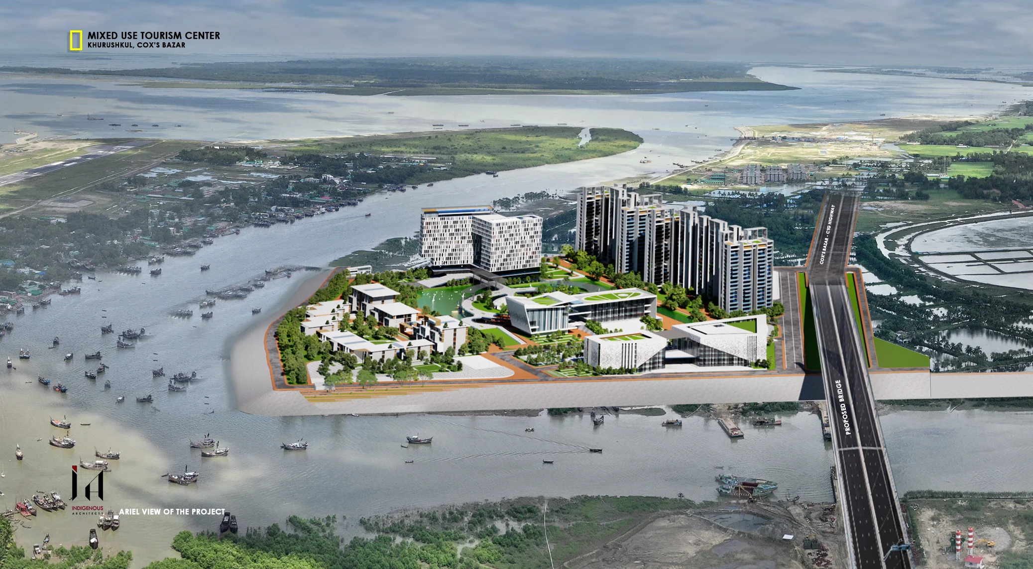 Aerial view towards Cox's Bazar Airport and the city beyond, with the project's hotel and resort blocks in the foreground above the surrounding farmland