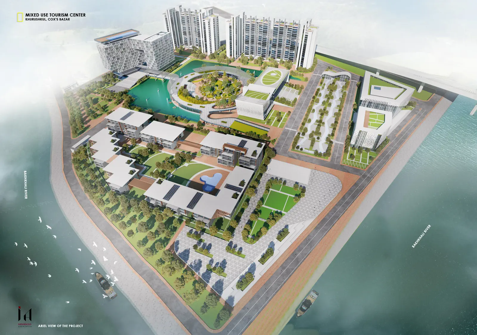 Aerial of the project showing the Bakkhali Bridge to the upper right, the full ring of buildings around the lake island, with the Bakkhali River wrapping the site on all sides