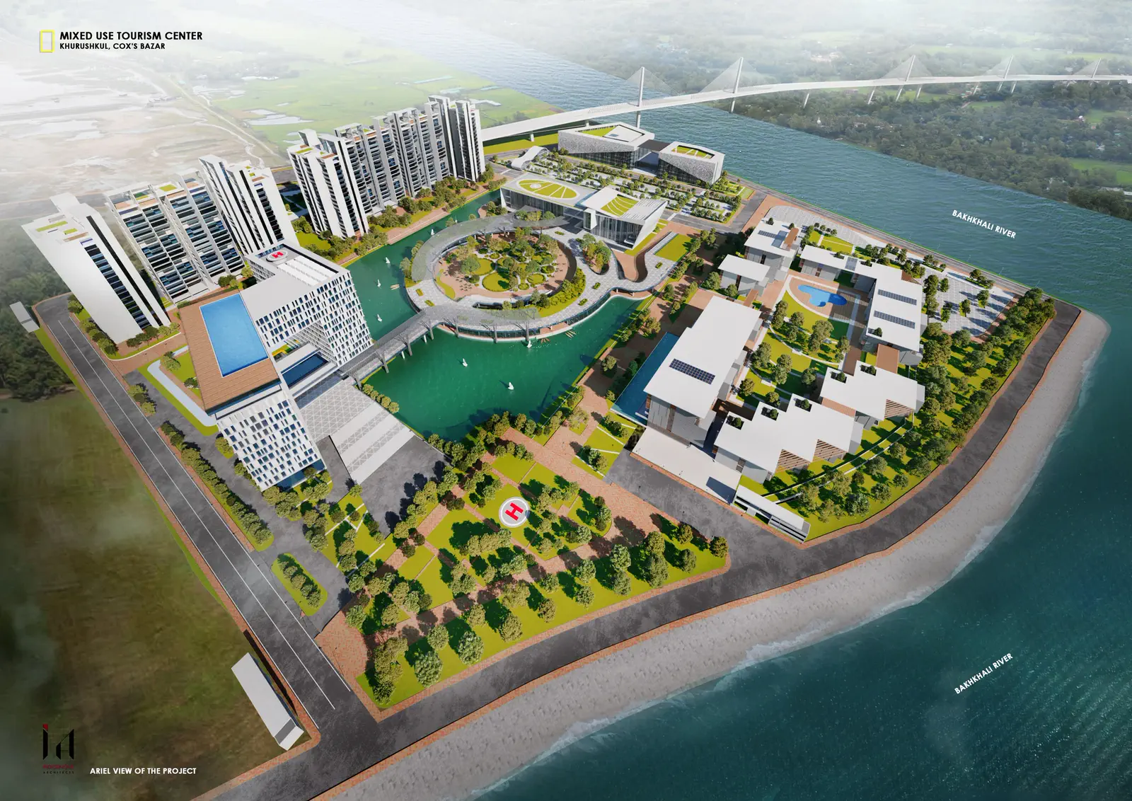 Aerial view of the project from the rear: hotel and condominium towers to the left, central lake island, low resort villas in the centre and the convention complex to the right
