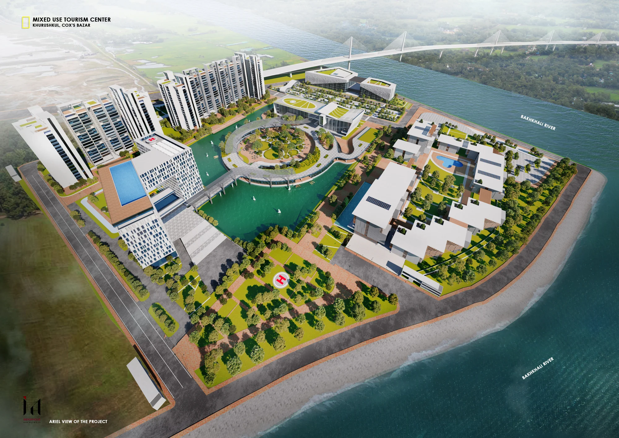 Aerial view of the project from the rear: hotel and condominium towers to the left, central lake island, low resort villas in the centre and the convention complex to the right