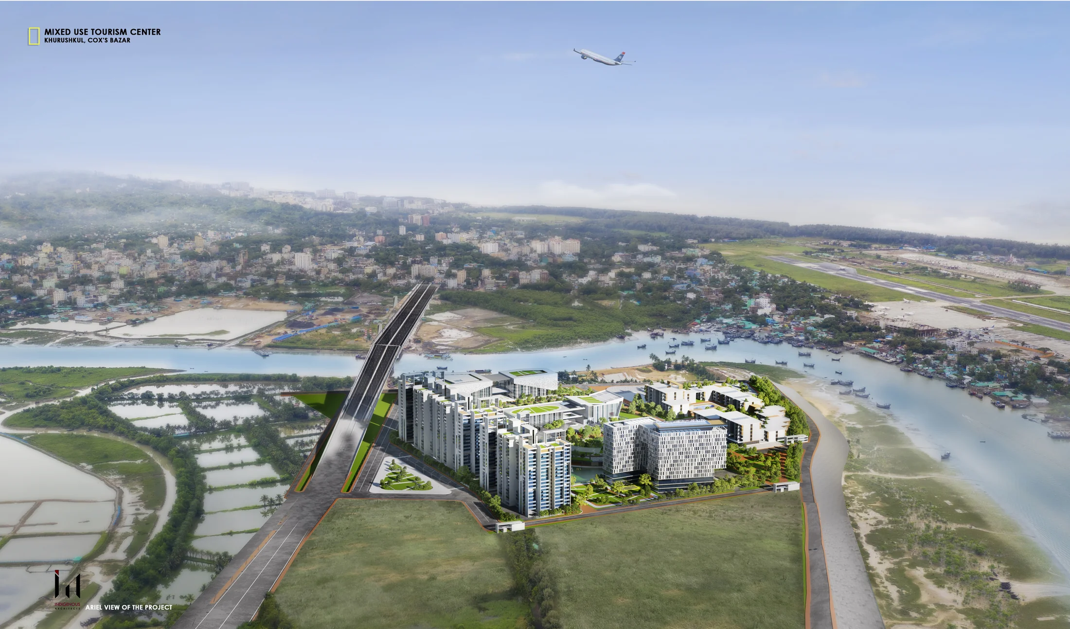 Distant aerial view across the river estuary and fishing fleet to the project: hotel and condominium towers rising above a low ring of resort and commercial buildings, with the new bridge connecting to the highway