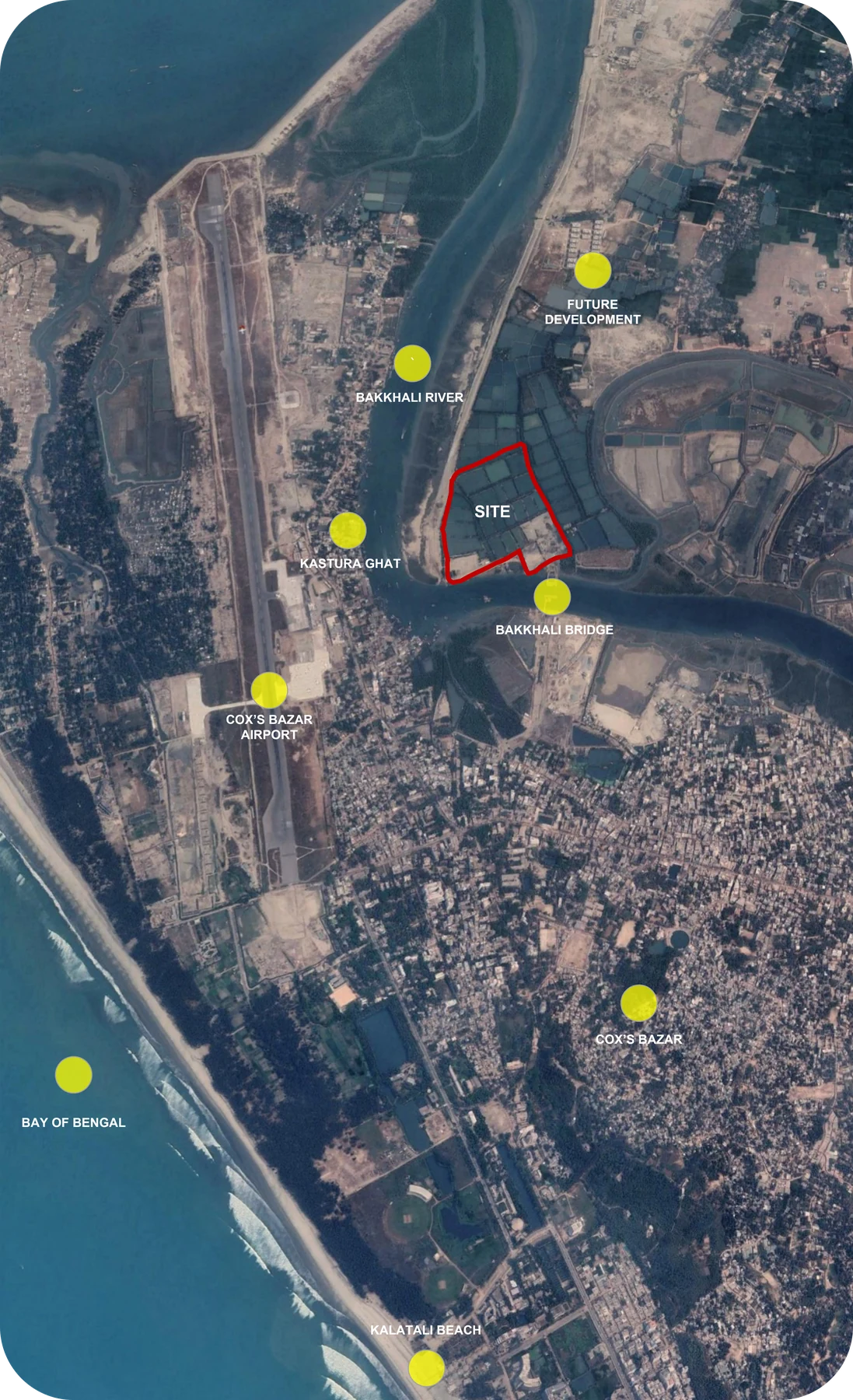 Regional context map: Khurushkul site outlined in red, with Bakkhali River, Bakkhali Bridge, Kasturi Ghat, Cox's Bazar Airport, Bay of Bengal and Kalatuli Beach annotated
