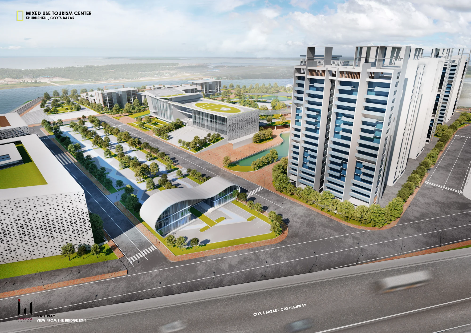 View from the Bakkhali Bridge approach: convention complex on the left, hotel and condominium towers on the right, low information pavilion in the centre and the highway in the foreground