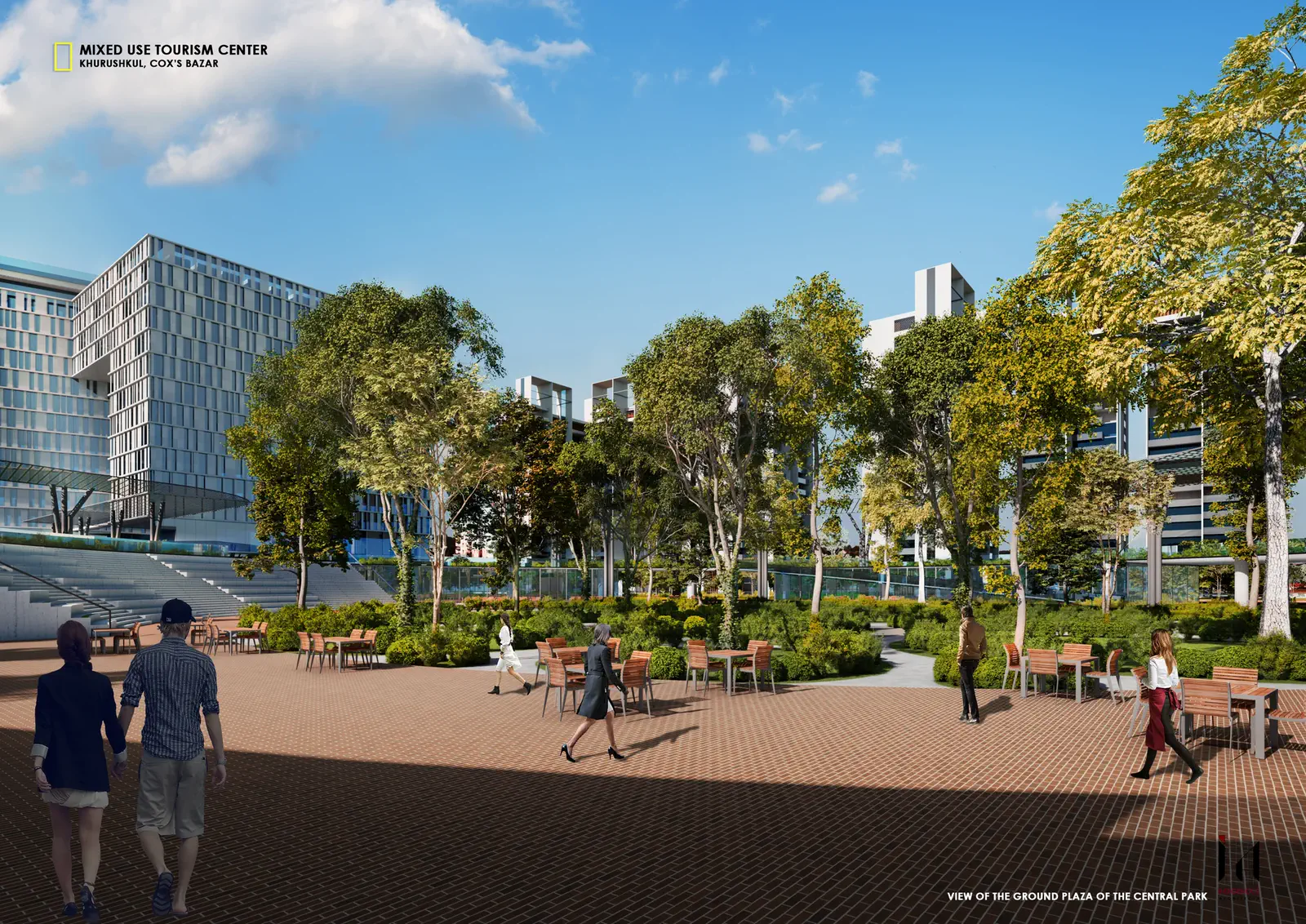 View of the ground plaza of the central park: brick paving, scattered cafe seating, mature trees and the surrounding hotel and condominium volumes