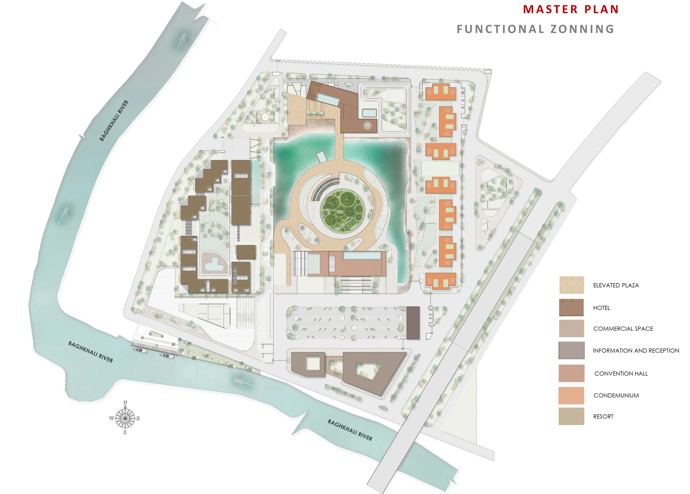 Functional zoning plan with seven colour-coded categories: elevated plaza, hotel, commercial space, information and reception, convention hall, condominium and resort, distributed around the central lake and bordered by the Bakkhali River