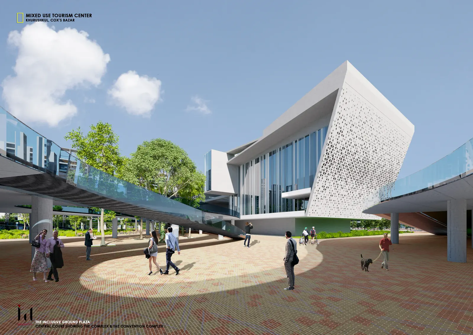 The inclusive ground plaza at the entry to the convention and commercial complex: angled white volume with perforated screen, glass walkway and a wide brick-paved circle