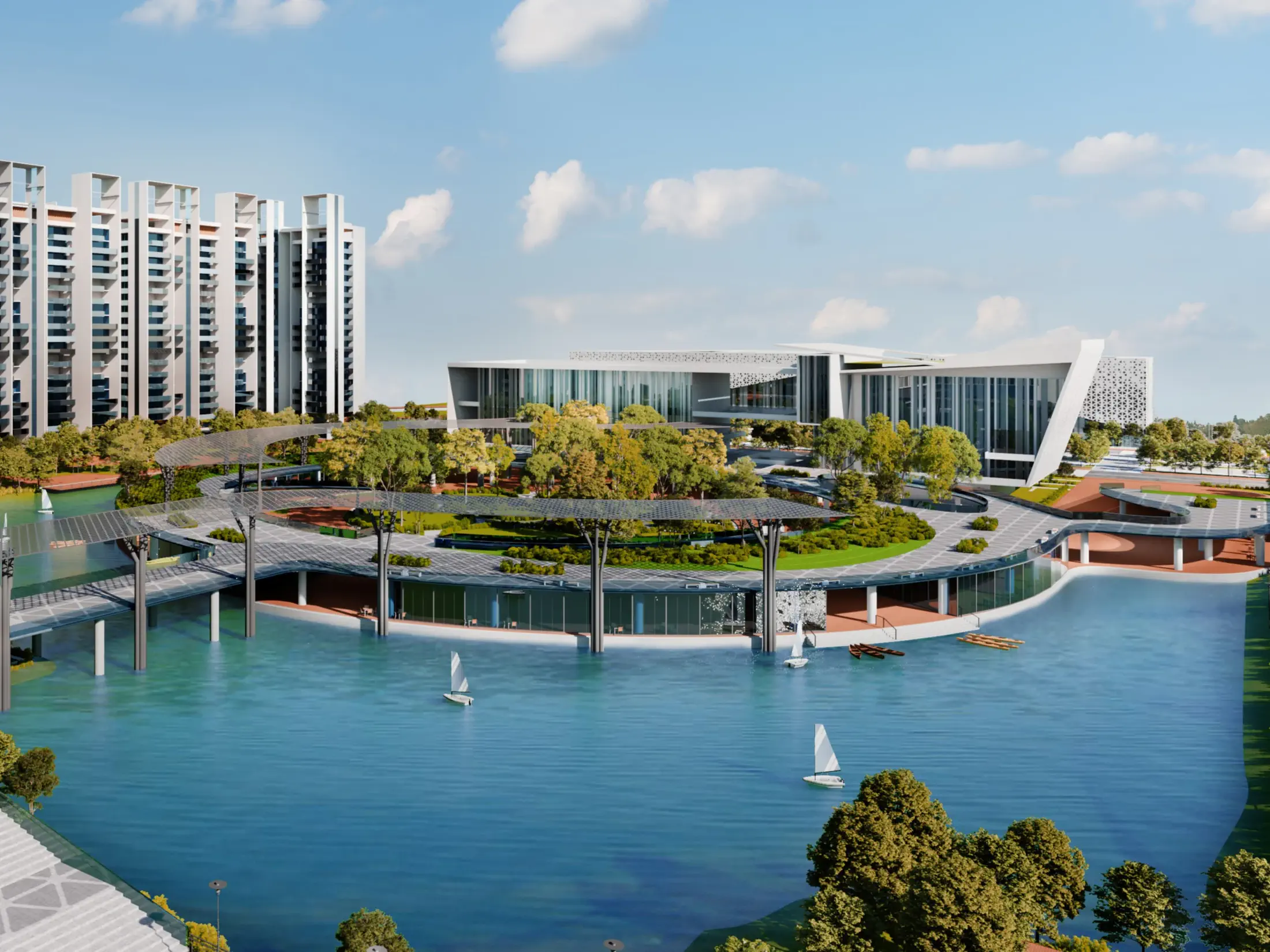 Mixed Use Tourism Center, Khurushkul, Cox's Bazar — view across the central lake to the convention block and elevated plaza