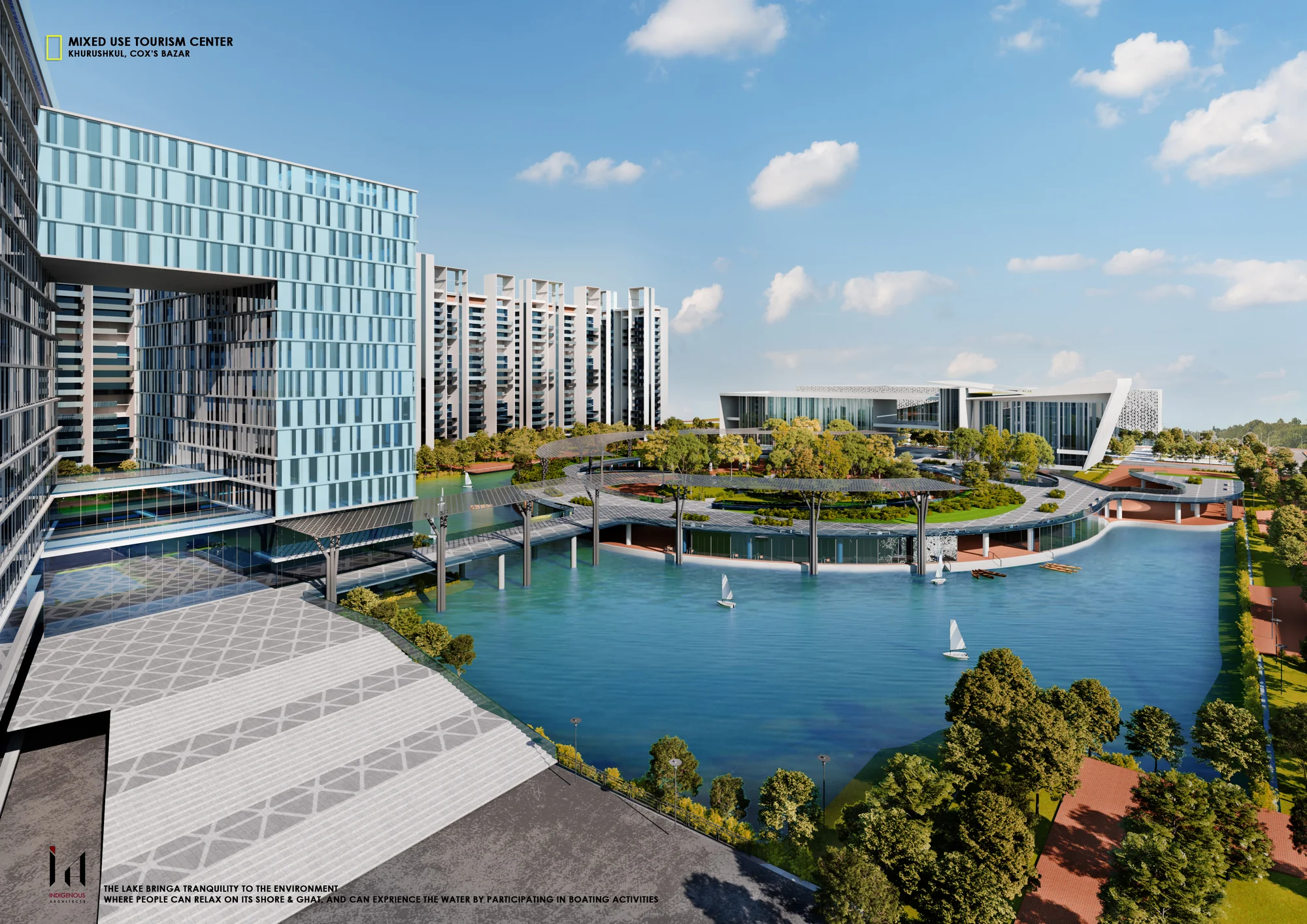 The lake brings tranquillity to the environment: people relaxing on stairs and shaded decks above the water, with the convention complex and hotel beyond, sailing boats on the lake