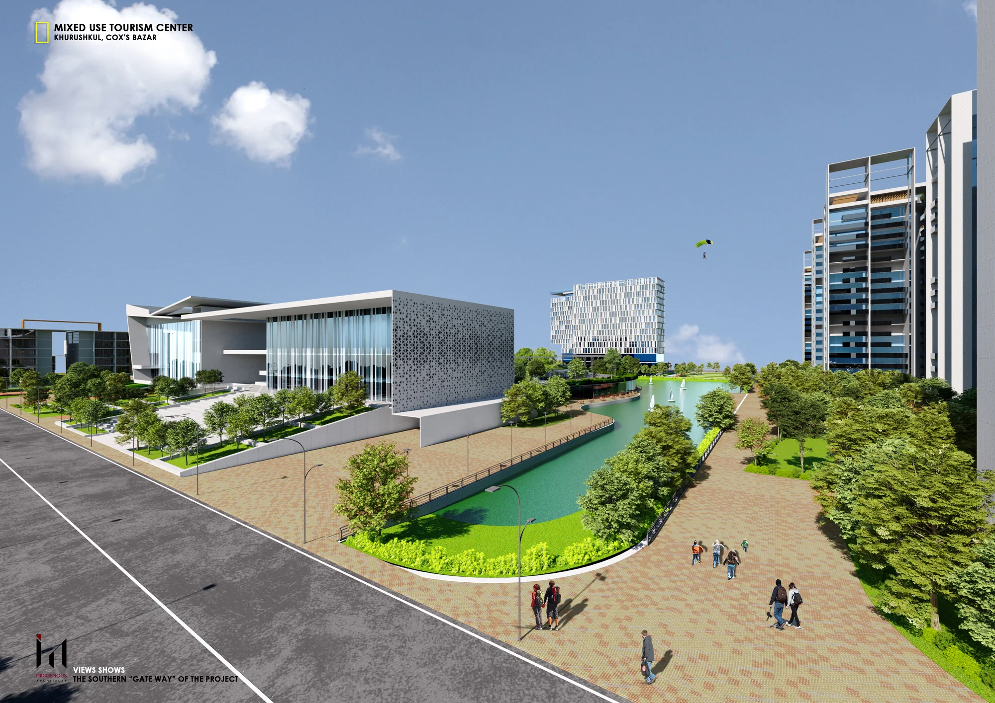 Pedestrian promenade along the canal cut between the commercial block and the elevated plaza, with a parachute drifting overhead