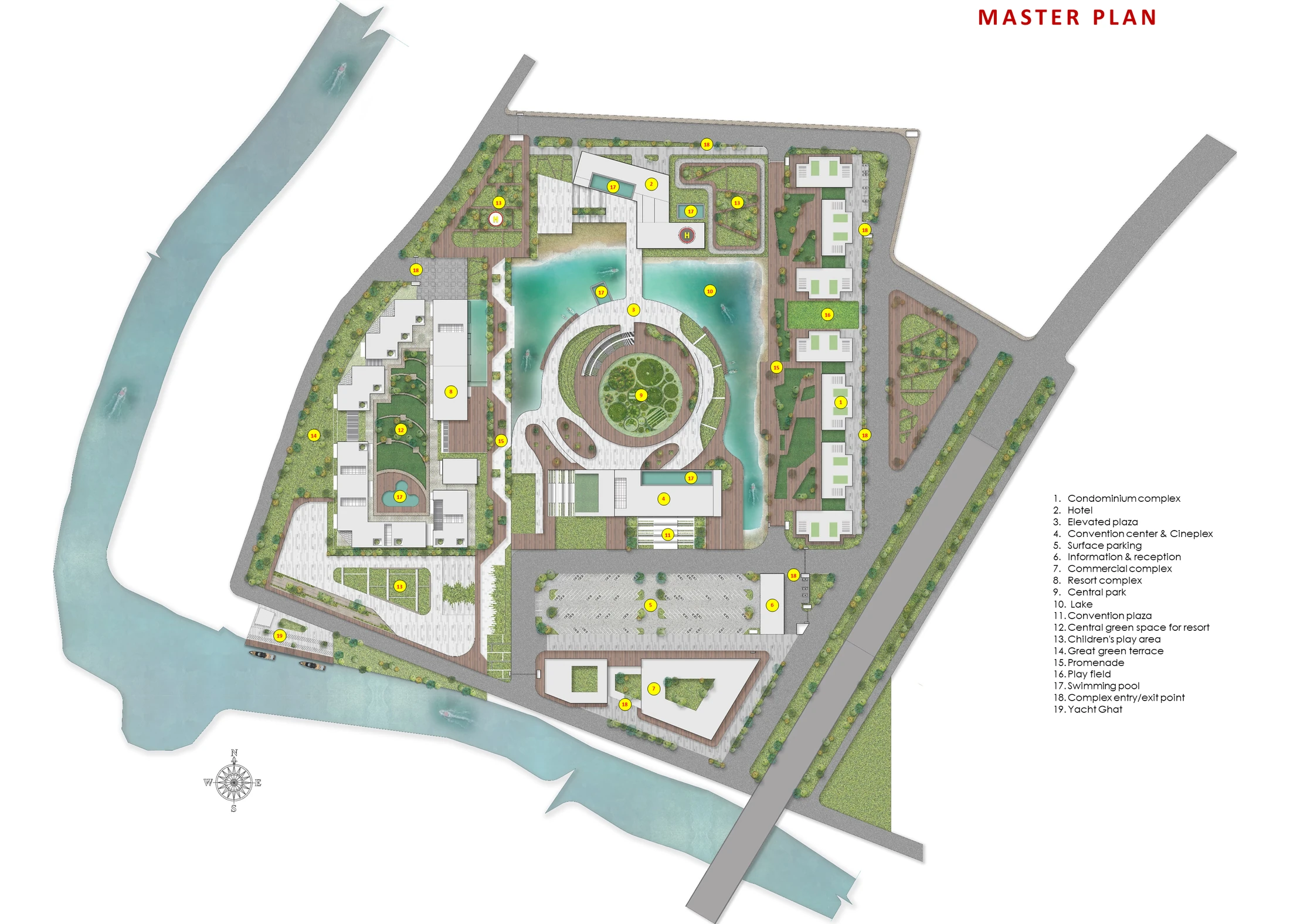 Master plan drawing of the Mixed Use Tourism Center showing condominium and hotel blocks to the west, elevated plaza, central lake with island, convention centre to the north, resort complex to the east, surface parking, promenades and the Lazim Ghat connection — with a numbered legend at right
