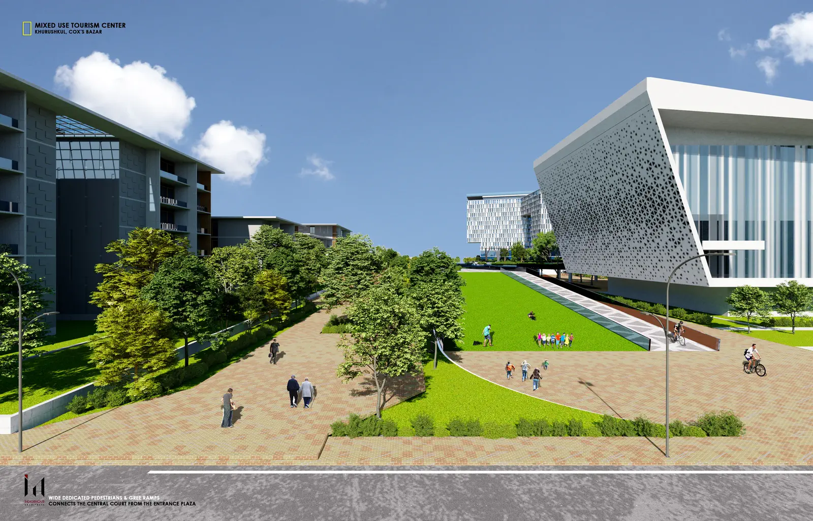 Approach across the central park lawn towards the convention complex, with the residential block to the left and a planted edge and brick path leading forward