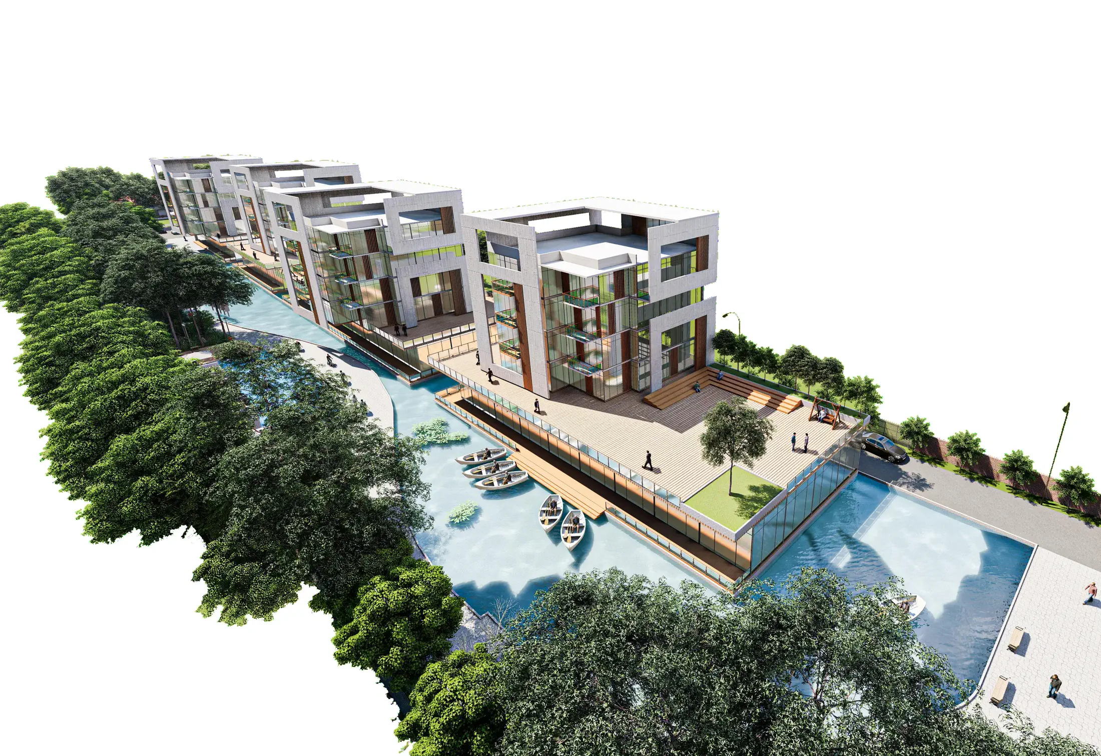 Axonometric overview render: the resort complex along a curved meandering water body, flanked by dense plantation and the elevated boating ghat, the building masses parallel to the river axis