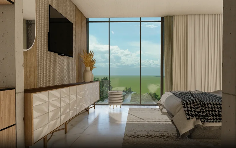 Deluxe Room interior: a bed with a circular wall sculpture above the headboard, twin pendant lights flanking the bed, a mid-tone palette of timber, fabric and brass, river-facing window