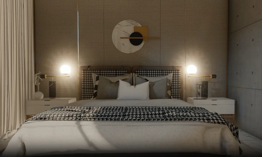 Deluxe Room interior: a second view, warm pendant lighting either side of the bed, drawn curtains across the river-facing wall, a calm low-key composition of timber and warm white