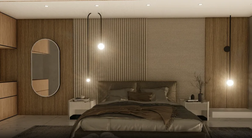 Premium Deluxe Room interior: a fully timber-slatted accent wall behind the bed, a circular mirror and a small console, warm pendant lighting either side, wider room with generous glazing