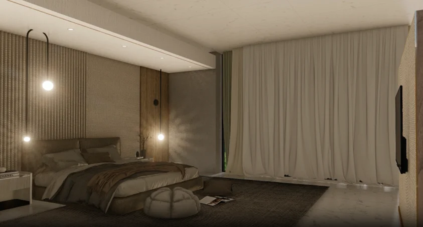 Premium Deluxe Room interior: a second view, low-slung bed against the timber accent wall, a TV console wall to one side, full-height glazing opening to the Padma River and the bridge horizon