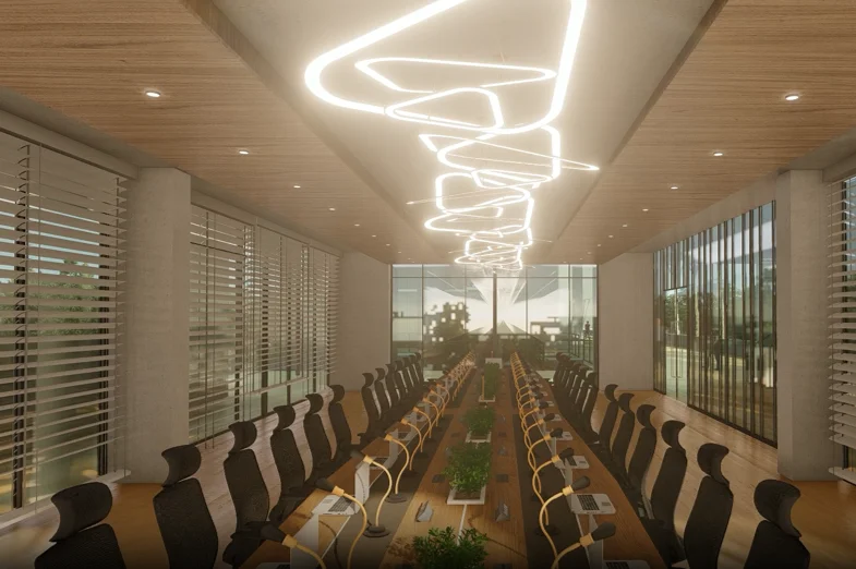 Conference hall: a 150-person formal meeting room with a long conference table set for a presentation, suspended circular ribbon lighting feature overhead, timber-panelled walls