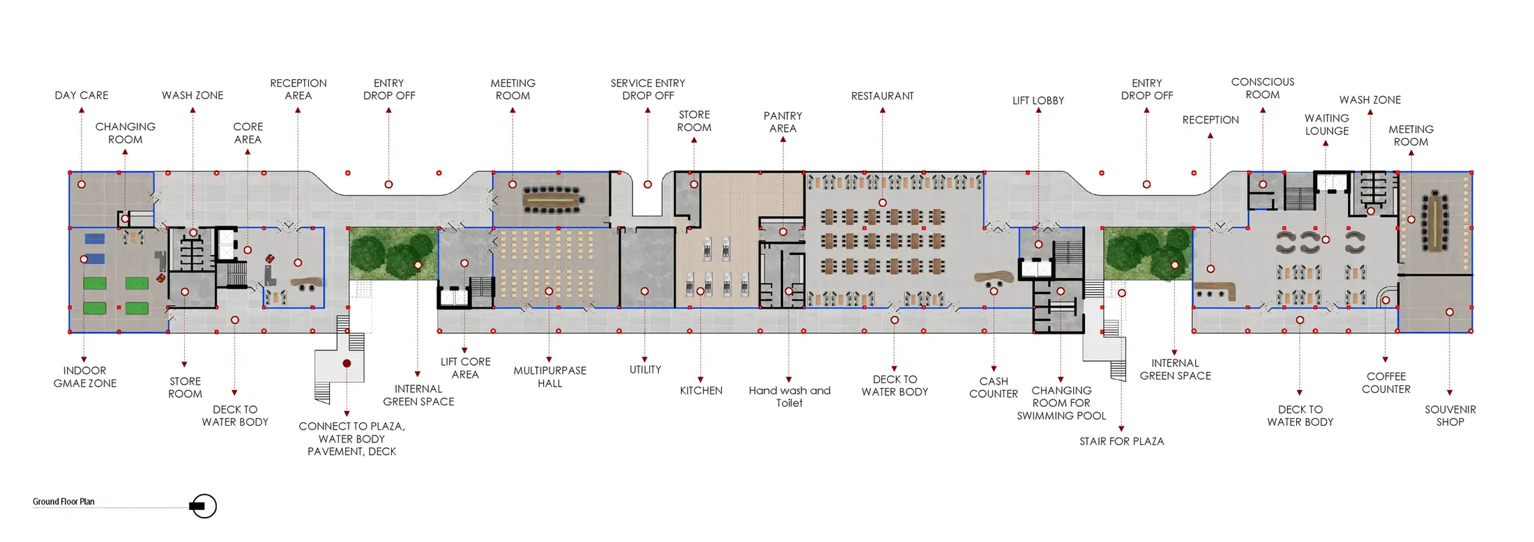 Ground floor plan: building 01 with reception, concierge, conference hall and semi-outdoor cafe; building 02 with resort restaurant, lounge and kitchen; pool and plaza below; parking and services to the rear