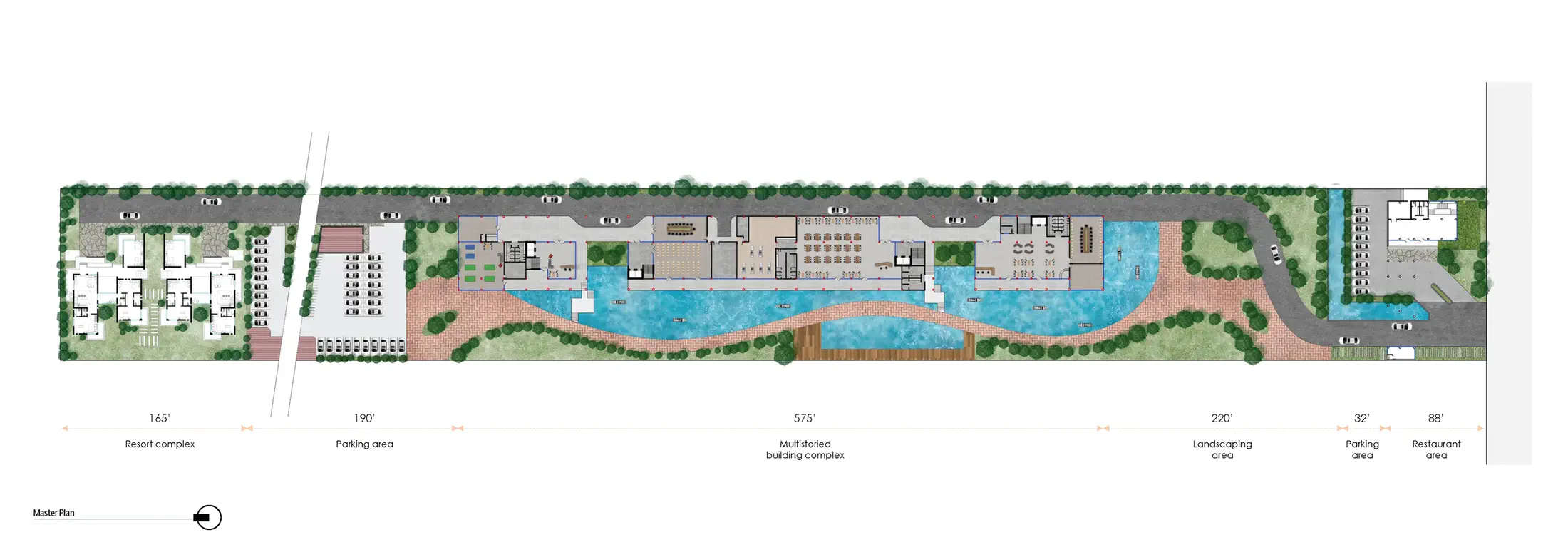 Master plan: the full programme distribution across all three phases, showing accommodation blocks, restaurant, pool, plaza, sculpture garden, water body and parking