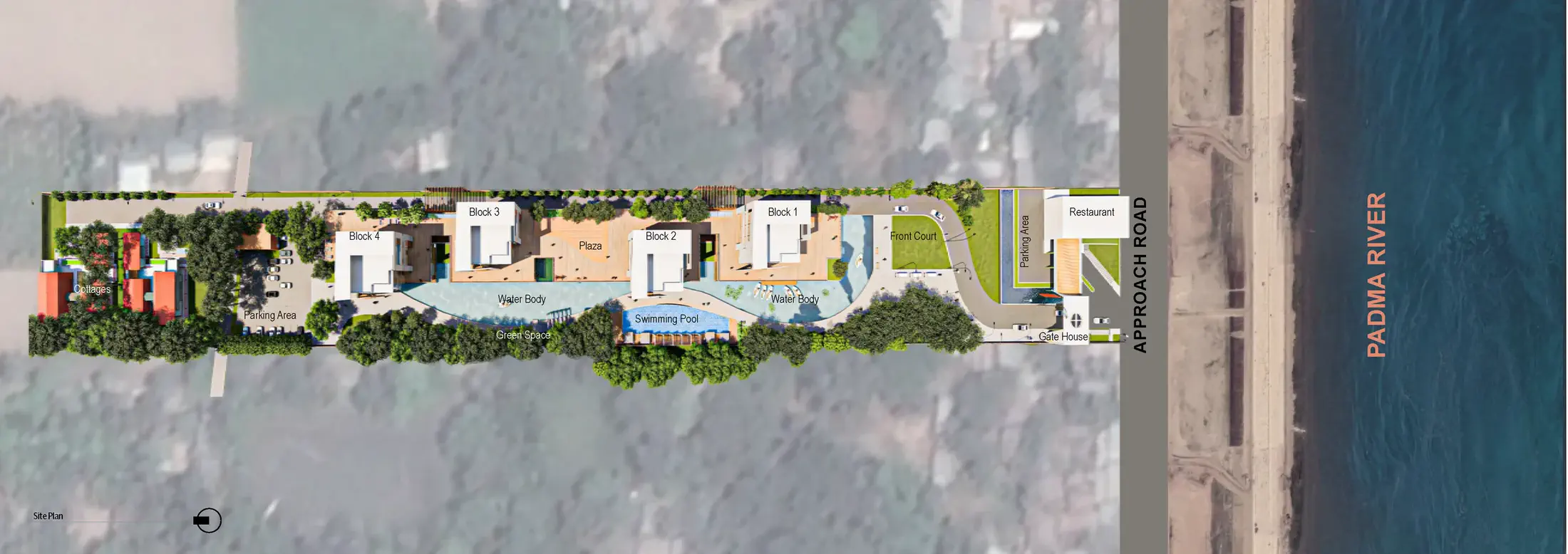 Site plan: the 13.5 bigha site at Zajira, the resort complex laid out parallel to the Padma riverfront, with the bridge running across the water
