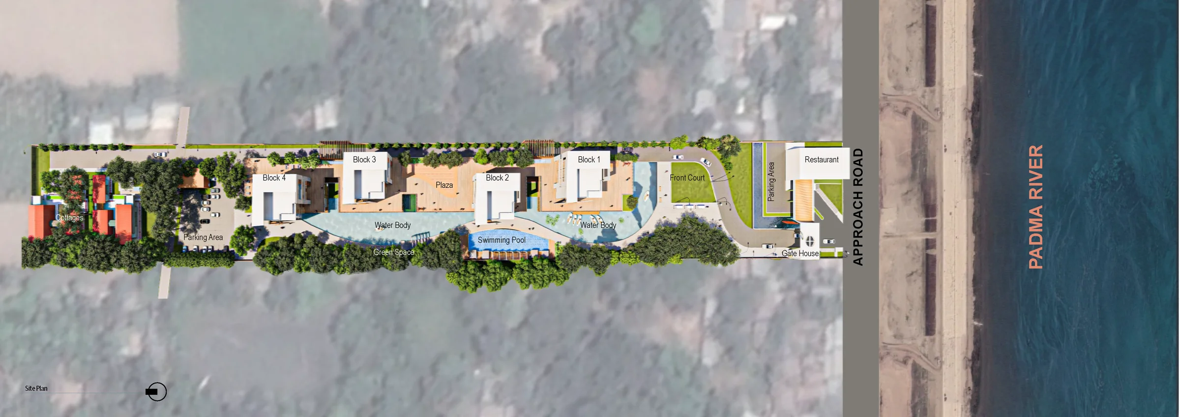 Site plan: the 13.5 bigha site at Zajira, the resort complex laid out parallel to the Padma riverfront, with the bridge running across the water