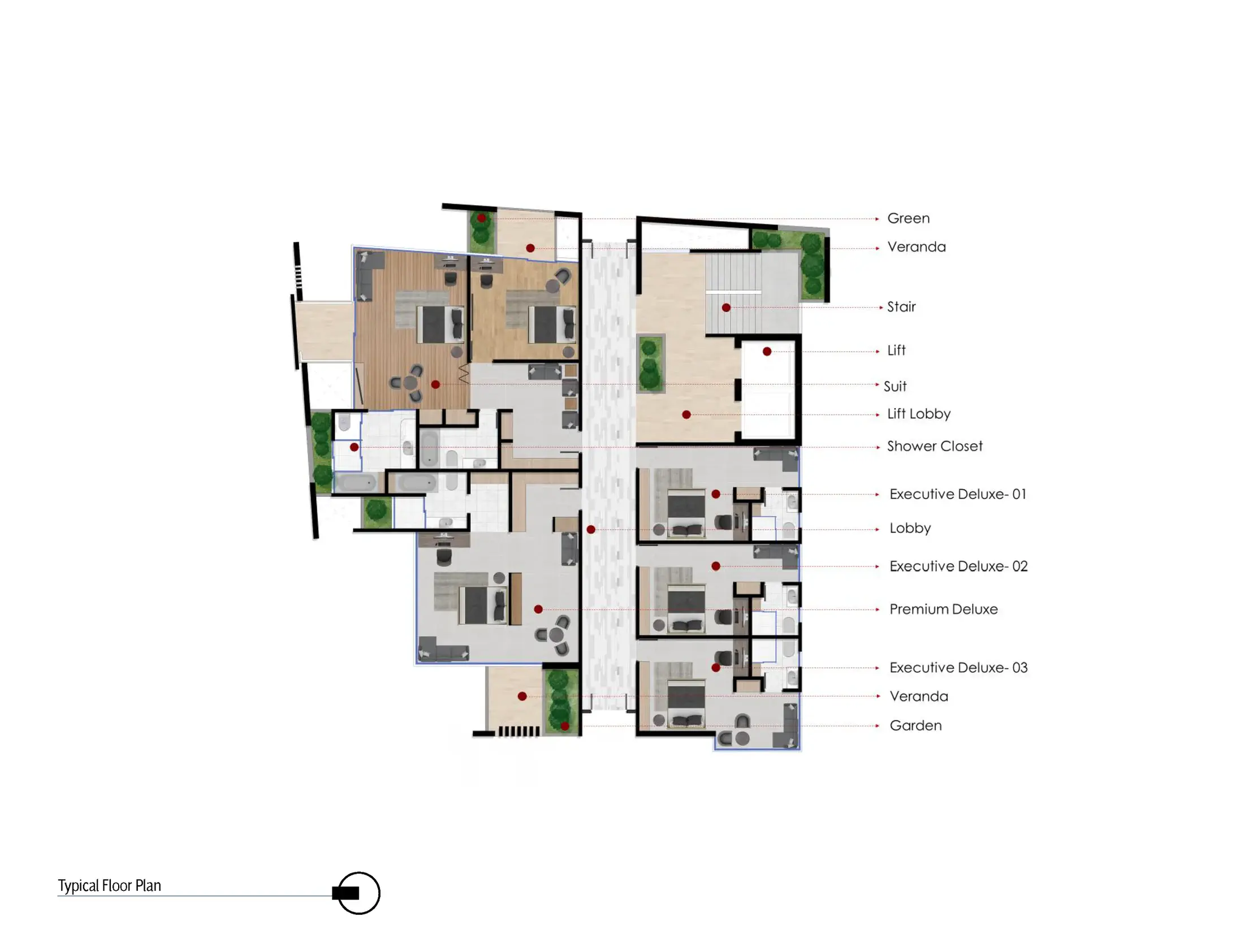 Typical guest floor plan: a paired arrangement of Deluxe Room and Premium Deluxe Room around a central core of lift lobby and housekeeping, both buildings configured as mirror pairs