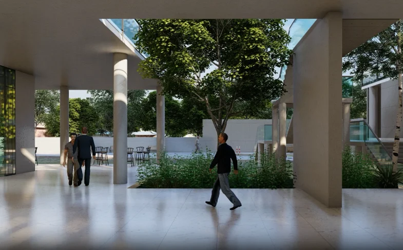 Drop-off entrance: the covered porch beneath the elevated terrace, a porte-cochere with warm lighting above the vehicle drop-off, the resort lobby entry beyond