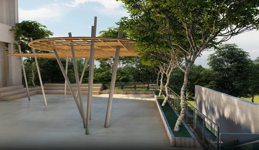 Elevated plaza area: the raised outdoor terrace with rattan pod loungers arranged on the paved surface, mature trees integrated into the platform, the river horizon framed beyond the railing