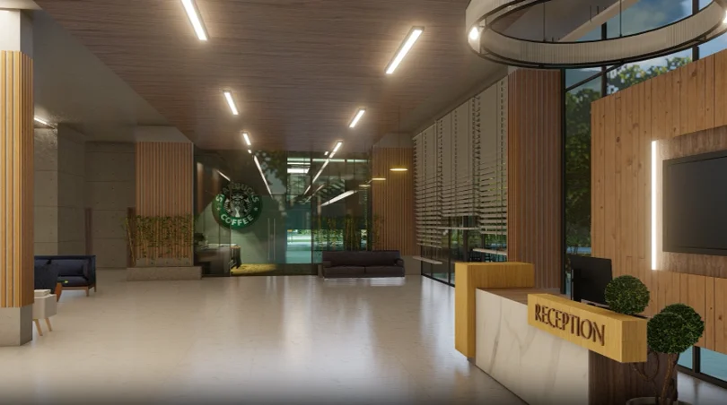 Reception lobby: long open plate with the 'RECEPTION' sign at the desk, warm timber finishes, ribbon lighting in the ceiling, lounge seating in the foreground