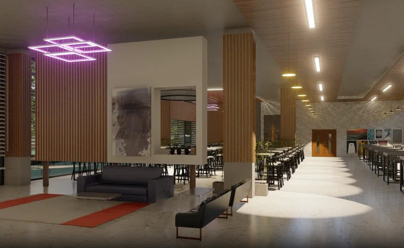 Resort restaurant area: a warm moody interior with a sculptural pendant feature overhead, lounge clusters in the foreground and dining tables beyond, full-service all-day dining