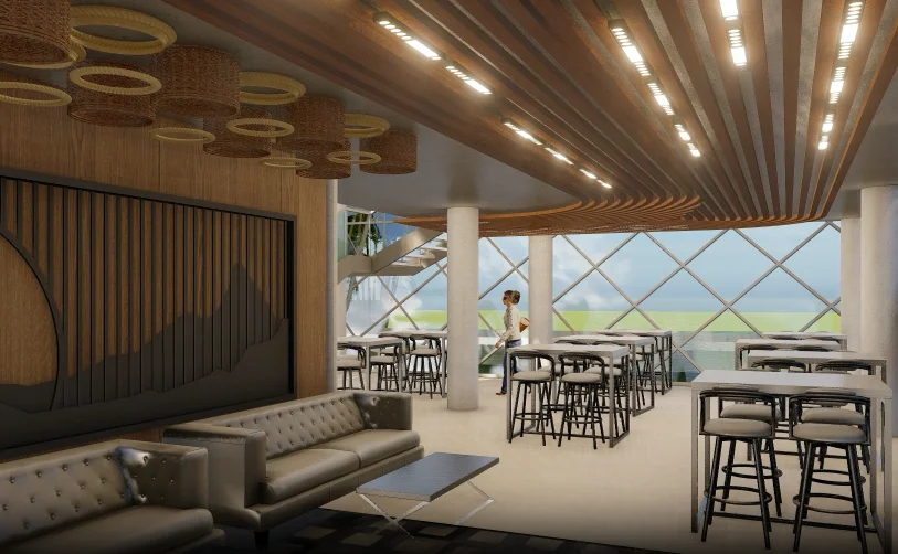 Riverside restaurant interior: timber-slatted ceiling, full-height glazing onto the river, mix of dining tables, bar seating and lounge clusters, panoramic river view across the long edge