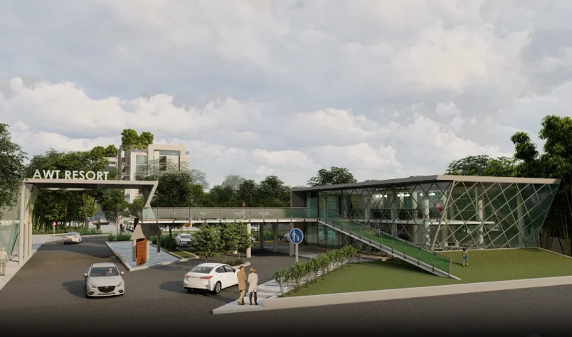 The riverside restaurant and the resort entrance: the low horizontal restaurant pavilion with full-height glazing sits beside the resort entry gate, a lush planted courtyard connecting them on the approach from the road