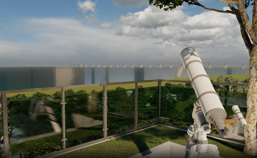 Rooftop viewing deck from a second vantage: the open-air terrace looking toward the Padma Bridge, a brass telescope mounted at the railing pointed across the river to the bridge span