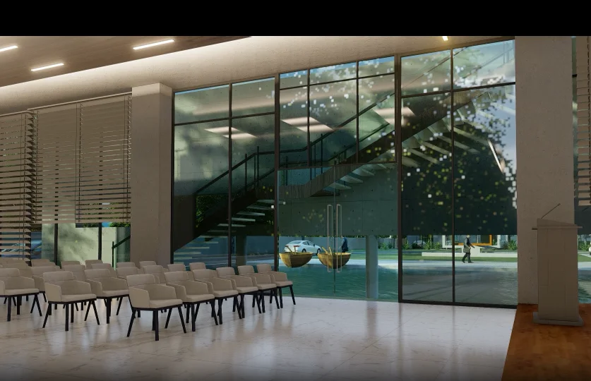 Seminar hall: an intimate meeting room with a sculptural feature staircase rising behind a glass partition, communal table arrangement, full-height windows along the side wall