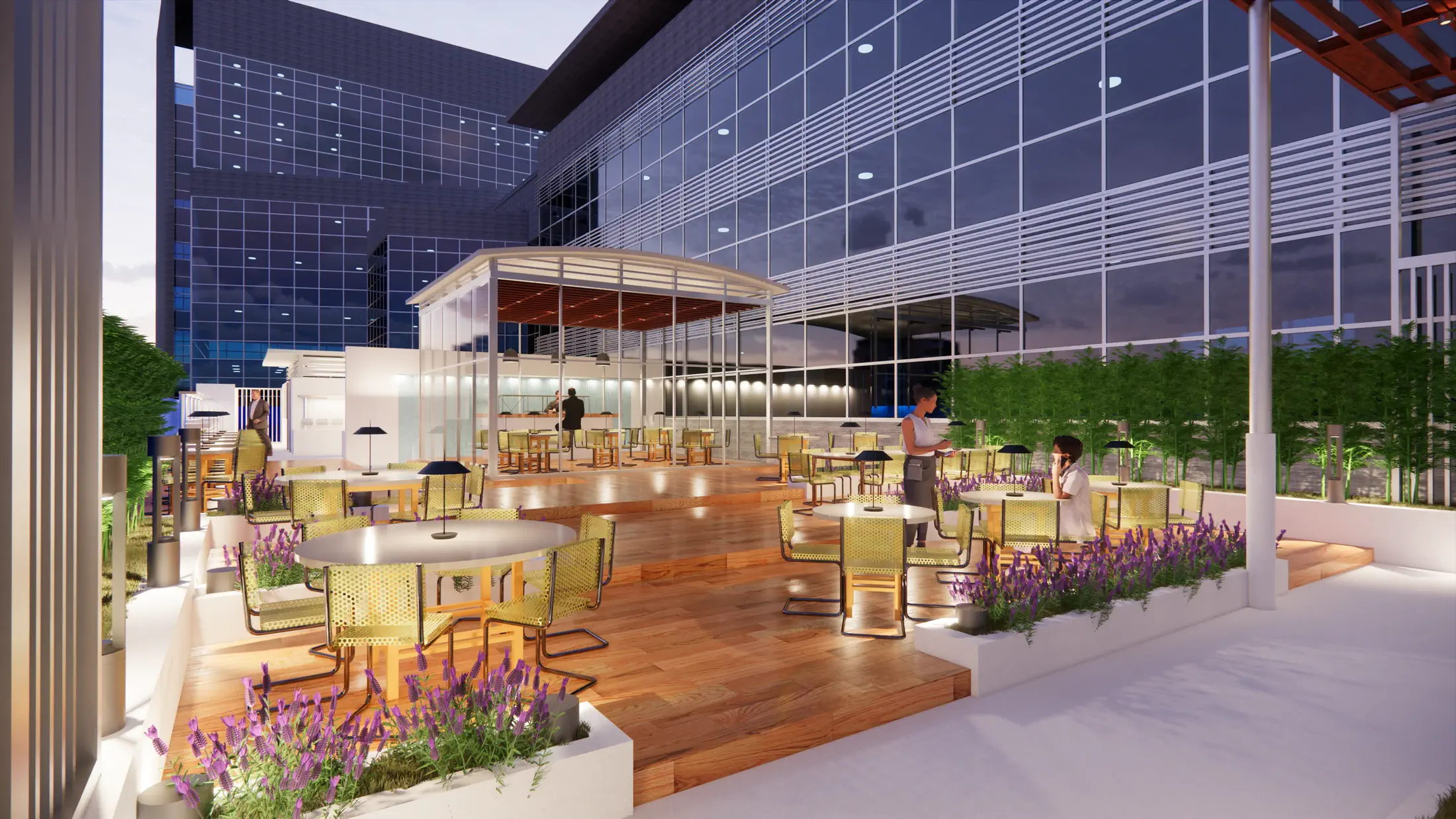Open terrace with glass pavilion, night
