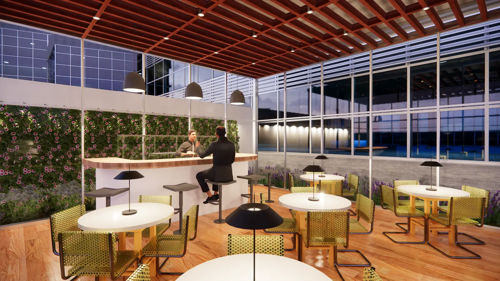 Indoor restaurant with living wall, night