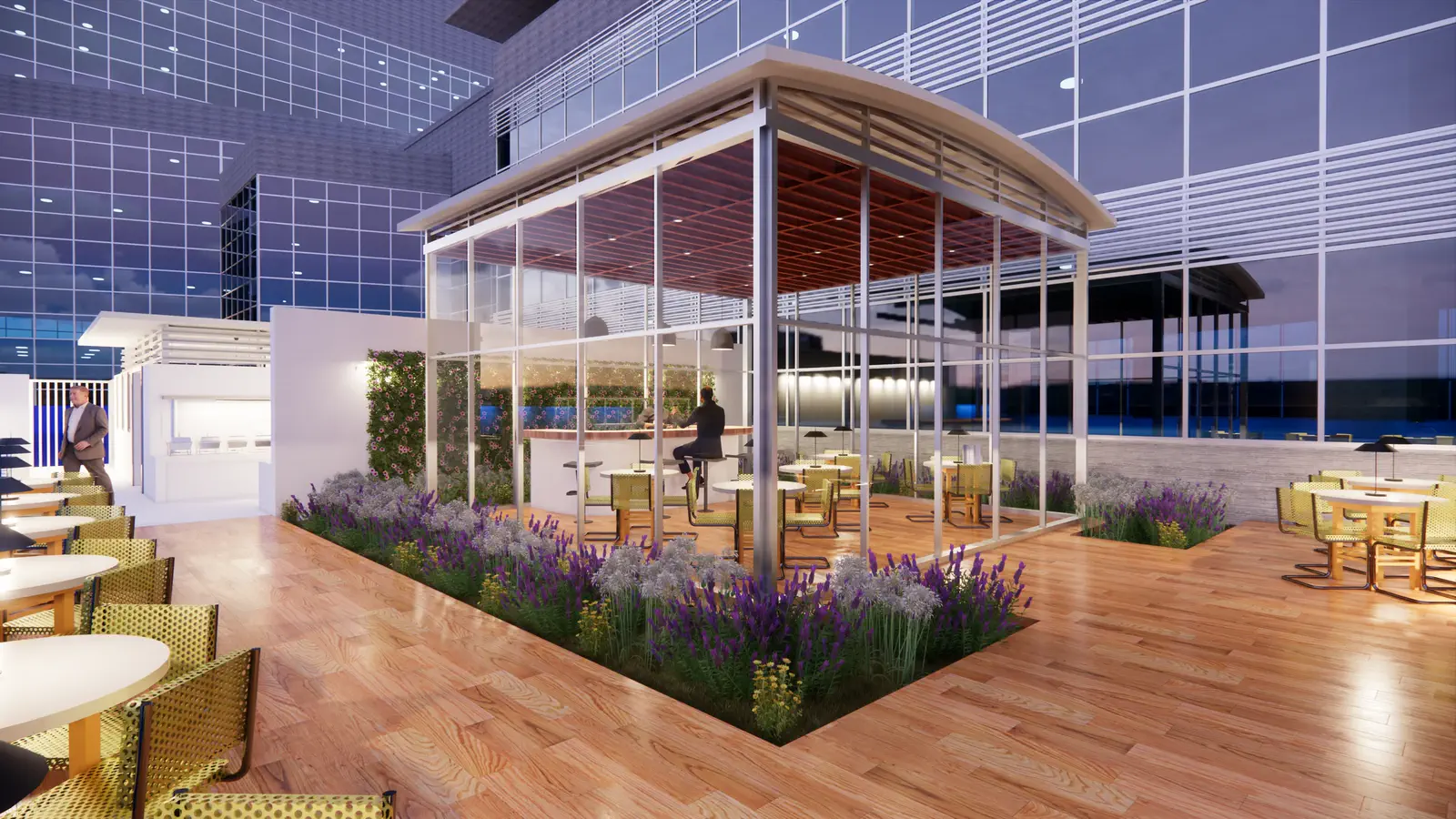 Glass pavilion with lavender planters, night