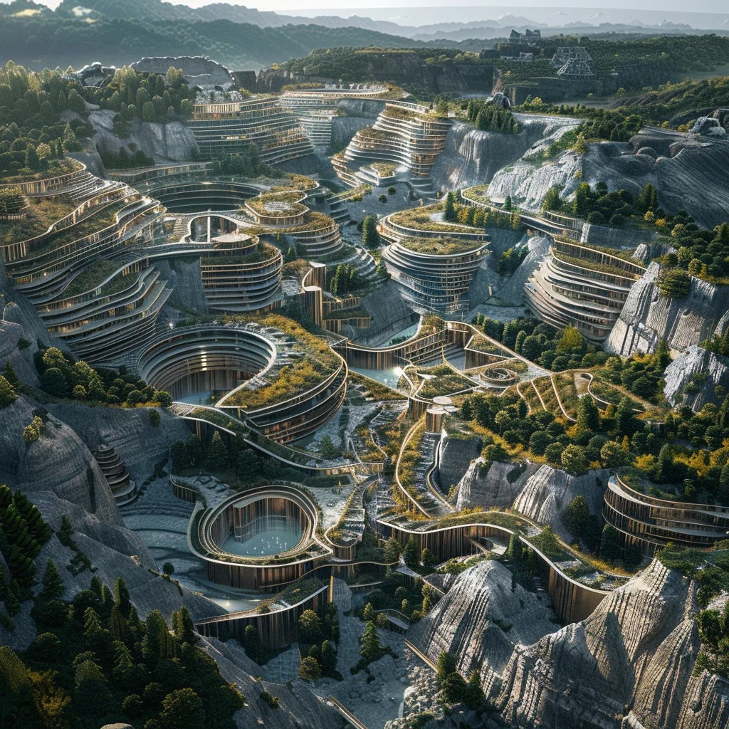 Macro-scale aerial view: clusters of terraced brutalist structures integrated into forested landscape, cascading into open mining pits