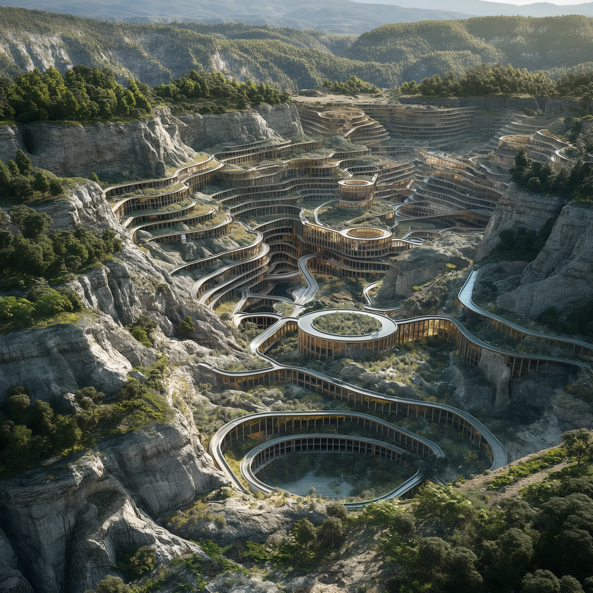Aerial perspective: terraced structures embedded into the mining pit walls, green corridors, spiral access routes