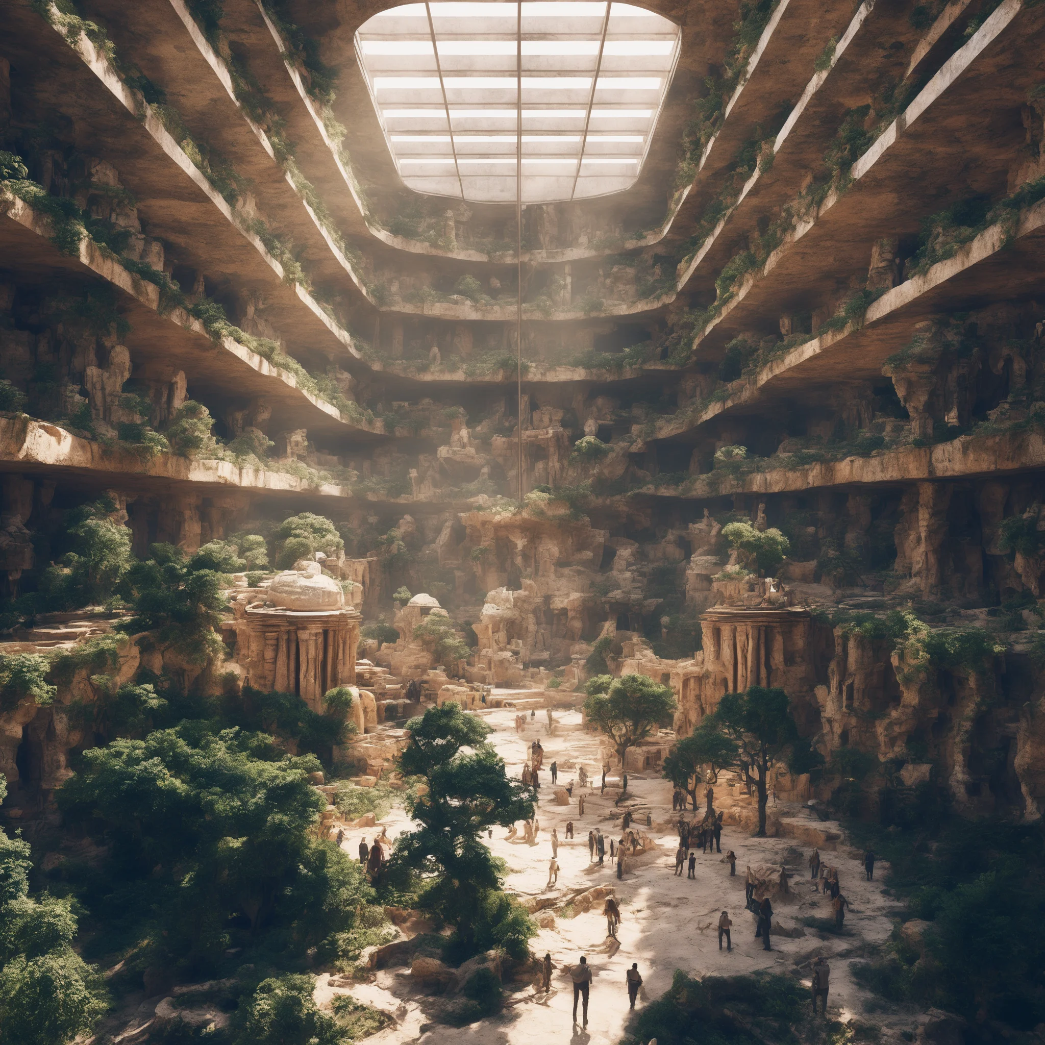 The Agora: central civic gathering space carved into rock strata, multi-level terraces with greenery, skylights above, populated with inhabitants