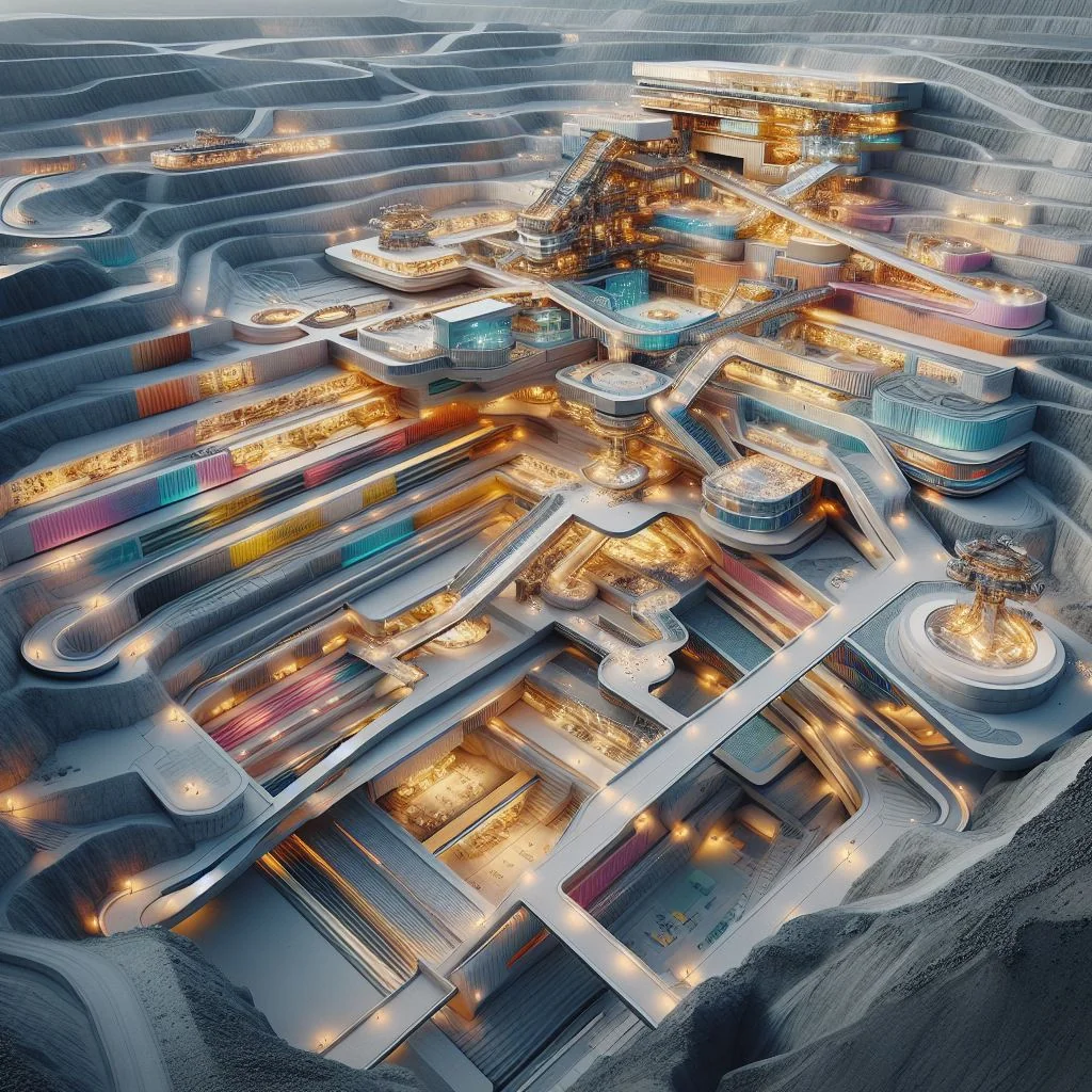 DALL-E 3 architectural output: lit megastructure terraces with colourful platforms