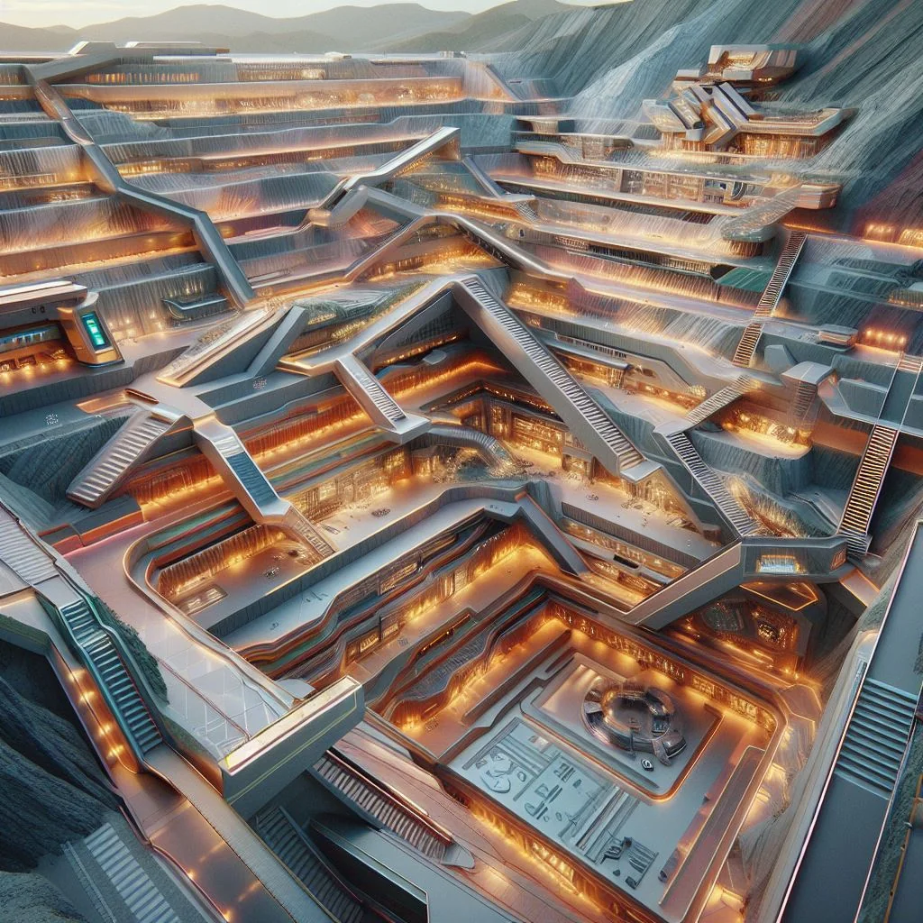 DALL-E 3 architectural output: angular brutalist terraced forms carved into mine walls