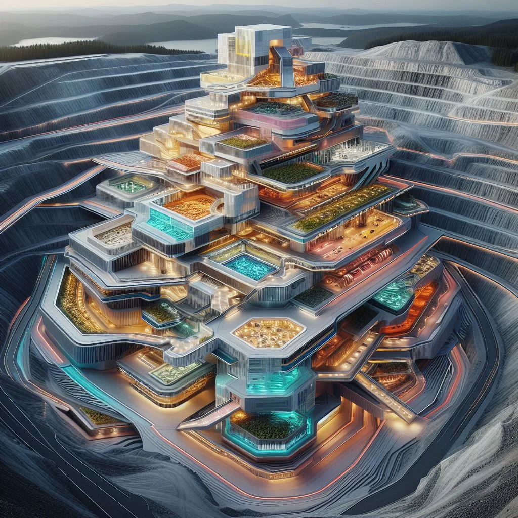 DALL-E 3 architectural output: pyramidal terraced megastructure with pools and green roofs