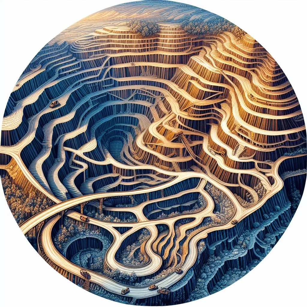 DALL-E 3 output: circular aerial view of terraced mine pit, concentric rings