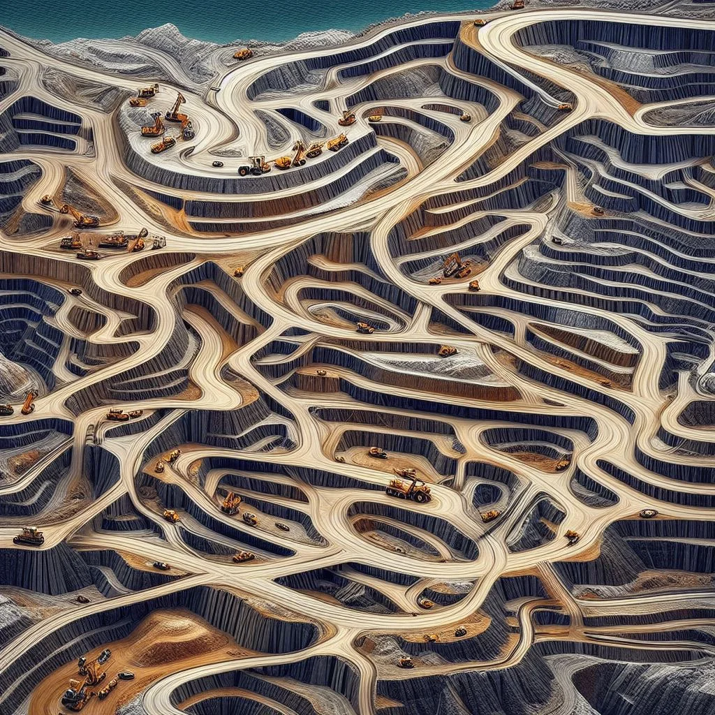 DALL-E 3 output: aerial view of mine terraces with machinery visible on roads