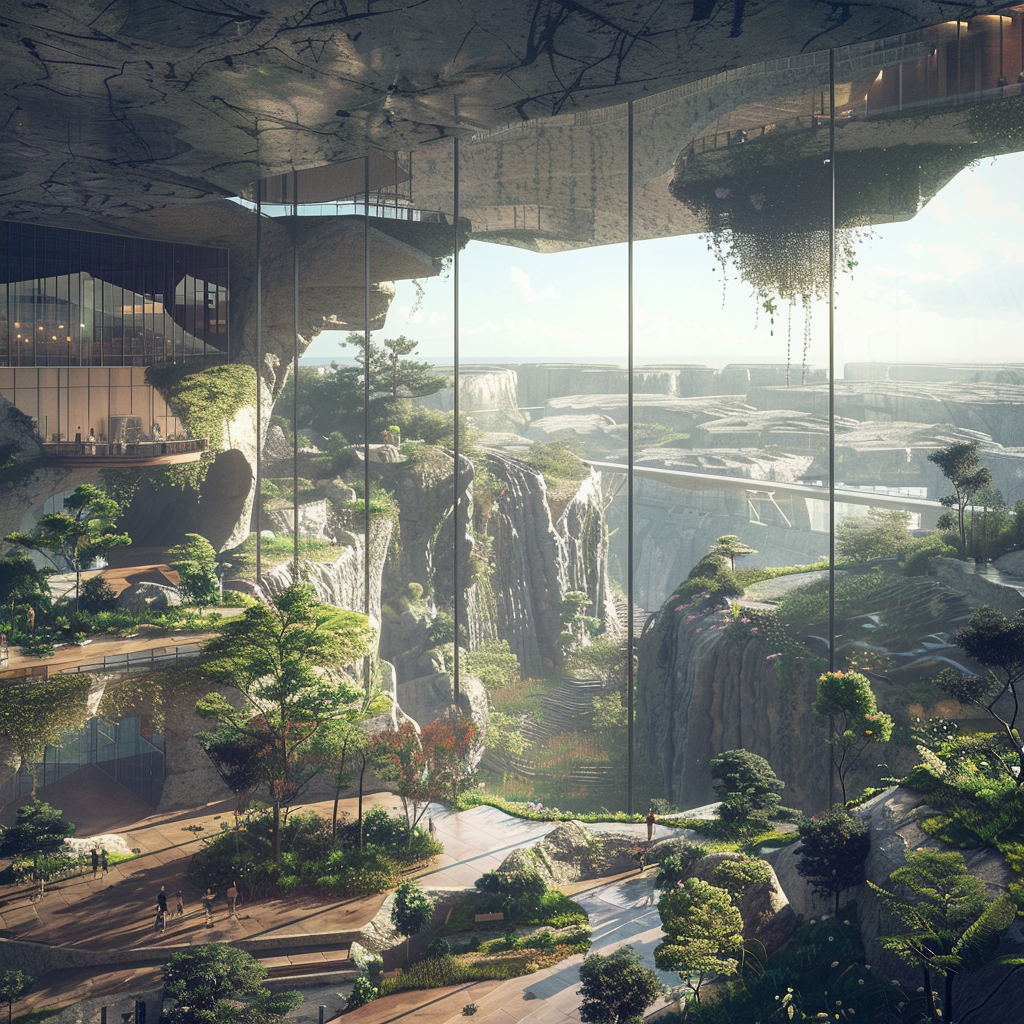 Dream Incubation Centre — biophilic atrium, cascading rock ledges, waterfalls, lush greenery under glass ceiling