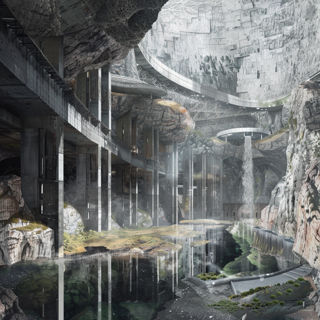 Underground Aquifer — mirror-still water, vertical concrete colonnade, stalactite ceiling, a single footbridge as the only human reference. Infrastructure becoming sacred space.