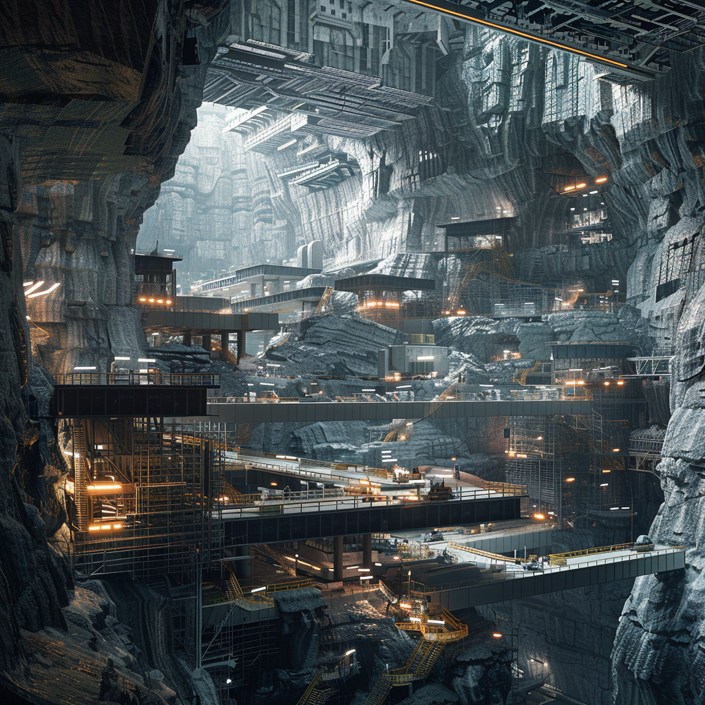 Manufacturing — underground industrial cavern, multi-level gantries, amber lighting, steel structure carved into rock
