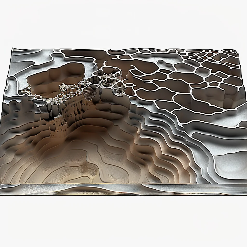 Blend output: organic topographic model merging rock lacework with mine terracing, layered contour lines
