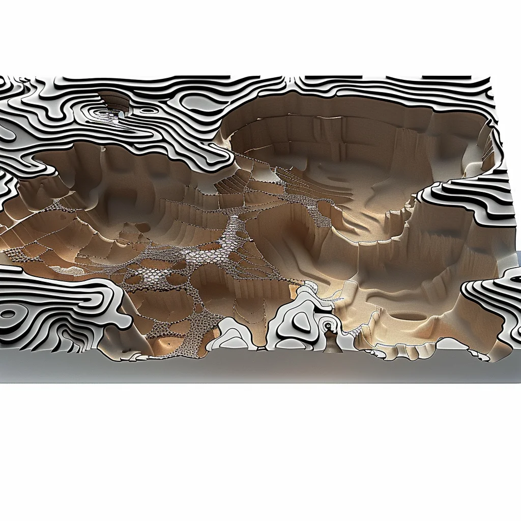 Blend output: contoured landscape model, concentric strata combining geological texture with pit morphology